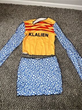 Yellow & Blue Two-Piece Costume Set with White Spot Skirt